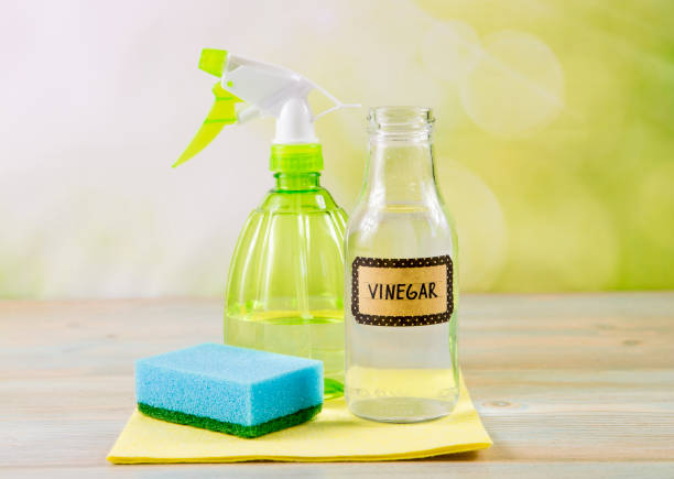 chemical free home cleaner products concept. using natural destilled white vinegar in spray bottle to remove stains. tools on wooden table, green bokeh background, copy space. - vinegar imagens e fotografias de stock