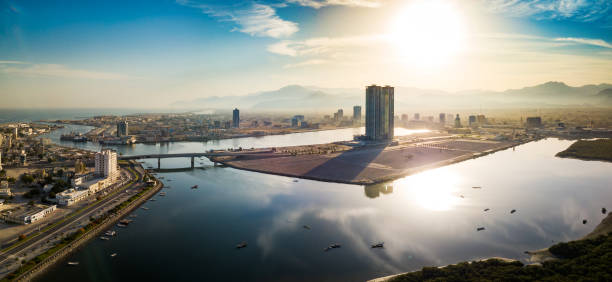 Ras al Khaimah emirate in the UAE aerial skyline view at sunrise