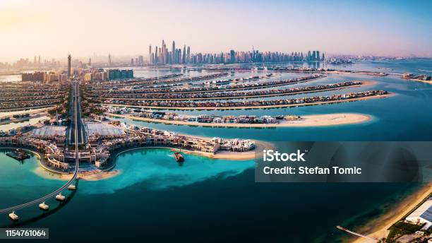 The Palm Island Panorama With Dubai Marina In The Background Aerial Stock Photo - Download Image Now