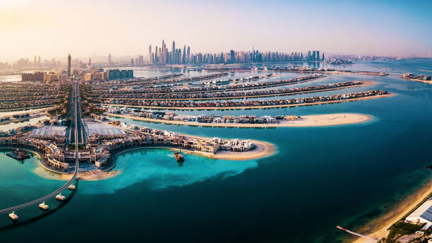 панорама пальмового острова с пристанью для яхт дубая на заднем плане - dubai skyline panoramic united arab emirates стоковые фото и изображения