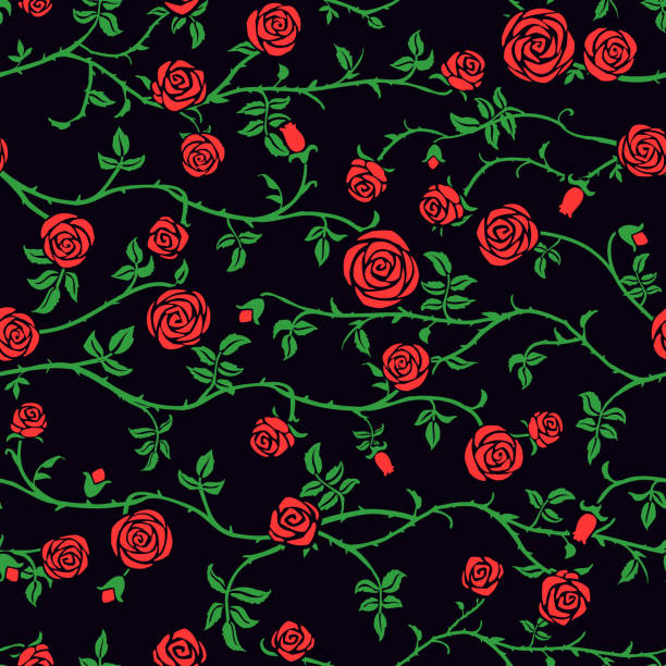 Red rose floral seamless pattern with climbing curly flower, green leaf and thorn. Cute beautiful black dark background, vector. Gothic, old garden, romantic fairy style. Elegant hand drawn texture fairy rose stock illustrations