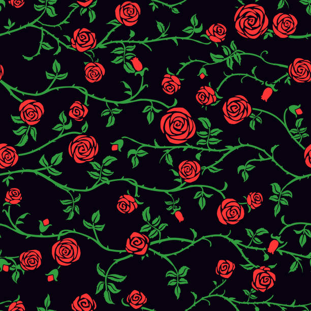 Red rose floral seamless pattern with climbing curly flower, green leaf and thorn. Cute beautiful black dark background, vector. Gothic, old garden, romantic fairy style. Elegant hand drawn texture rose cartoon stock illustrations