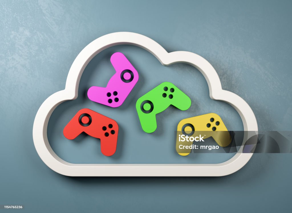 Cloud Gaming Service Concept Illustration White 3D Cloud Symbol Shape with Colorful Gamepad Controllers Inside on a Blue Wall 3D Illustration, Cloud Gaming Concept Cloud Computing Stock Photo