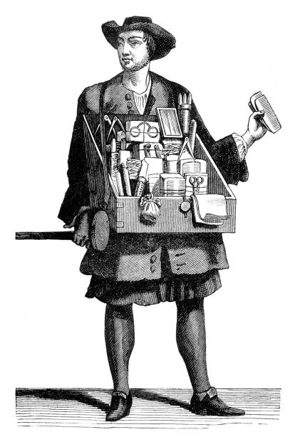ilustrações, clipart, desenhos animados e ícones de vendedor na estrada que vende a escova e os eyeglasses 1680 - working illustration and painting engraving occupation