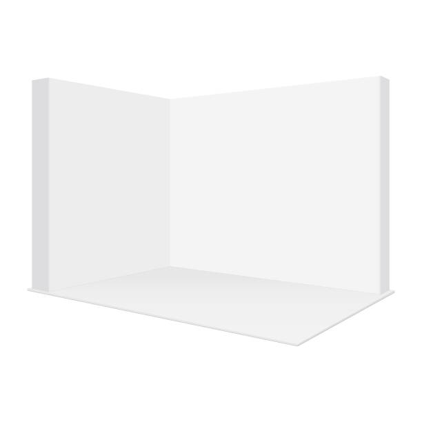 Blank pop up trade show booth mockup, isolated on white background Blank pop up trade show booth mockup, isolated on white background. Promo equipment for event or fair. Vector illustration domestic room stock illustrations