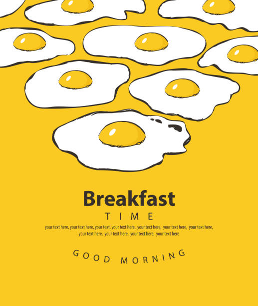 Vector banner for breakfast time with fried eggs Vector banner on the theme of Breakfast time with fried eggs Sunny side up, inscriptions and place for text on the yellow background in retro style breakfast background stock illustrations