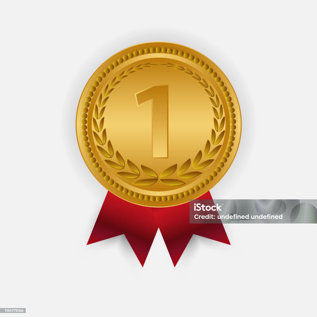 Gold Medal Vector. Golden 1st Place Badge. Sport Game Golden Challenge Award. Red Ribbon. Isolated. Gold Medal Vector. Golden 1st Place Badge. Sport Game Golden Challenge Award. Red Ribbon. Isolated Achievement stock vector