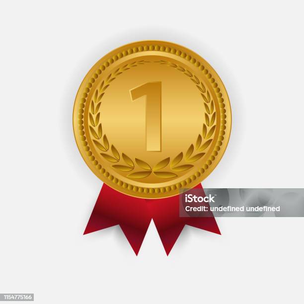 Gold Medal Vector Golden 1st Place Badge Sport Game Golden Challenge Award Red Ribbon Isolated Stock Illustration - Download Image Now