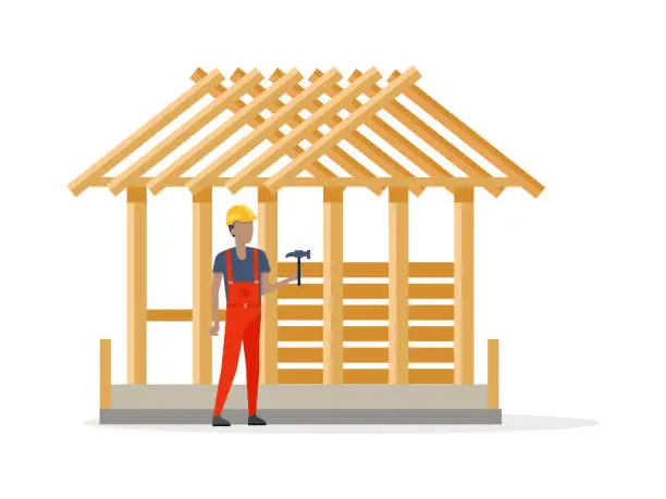 Vector illustration of Builder in Helmet and Robe near Constructing House