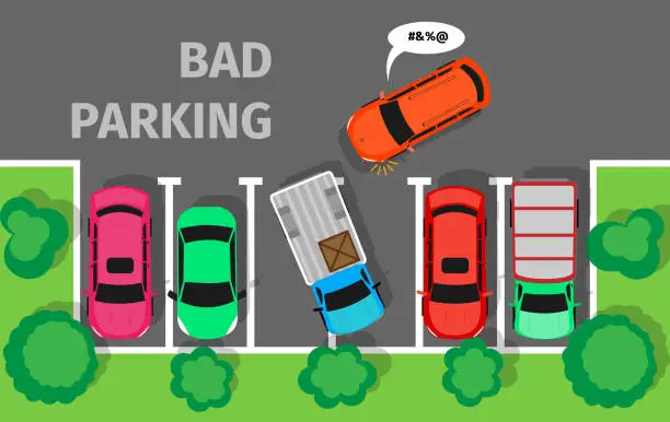 Vector illustration of Bad Parking. Car Parked in Inappropriate Way.