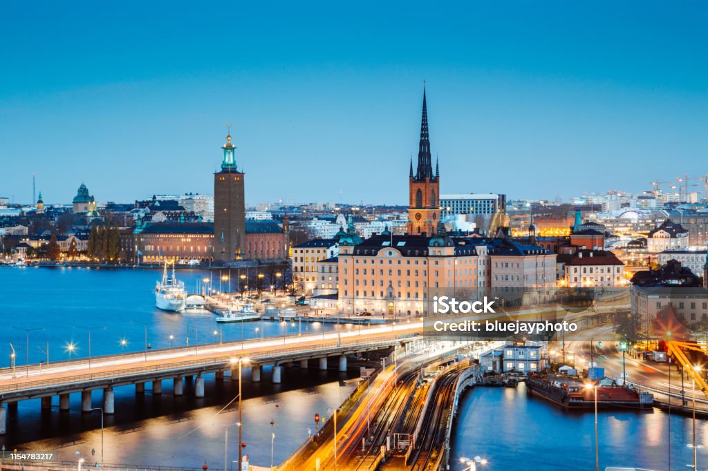 Stockholm skyline panorama at twilight, Sweden, Scandinavia Panoramic view of Stockholm city center with famous Riddarholmen in Gamla Stan in beautiful twilight, Sodermalm, central Stockholm, Sweden Stockholm Stock Photo