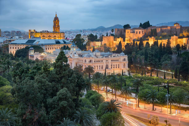 Malaga skyline taken at the blue hour, Andalucia, Spain Malaga old town skyline with the city hall, cathedral and the Alcazaba citadel taken at the blue hour in a cloudy day, Andalucia, Spain alcazaba of málaga stock pictures, royalty-free photos & images
