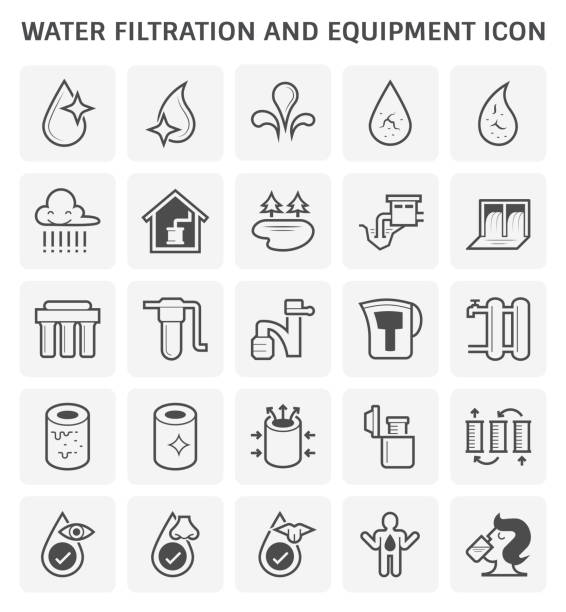 water filtration icon Water filtration and equipment and water treatment icon set design. water filter stock illustrations