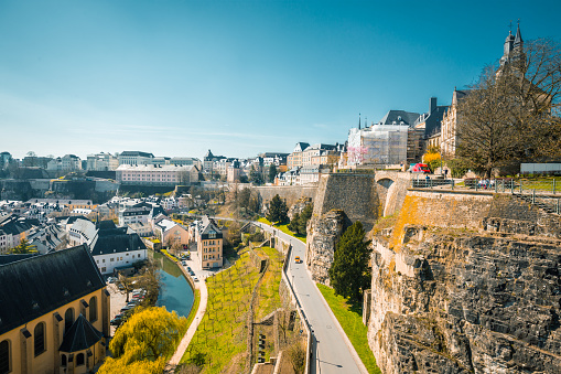Panoramic view of the famous old town on a beautiful sunny day with blue sky in springtime, Luxembourg