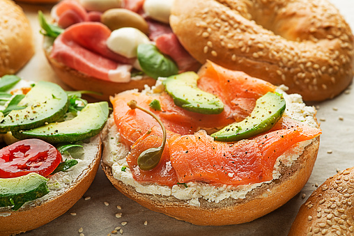 Sandwich with avocado salmon and cream cheese. Healthy food.