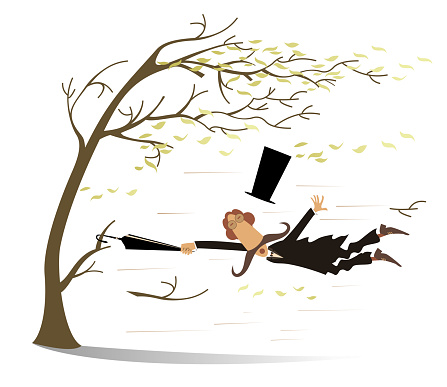 Strong wind, flying leaves and long mustache man lost top hat trying to keep his life snatching a tree using an umbrella isolated on white illustration