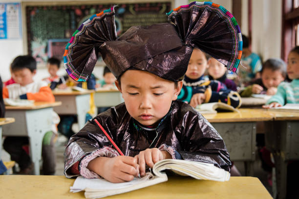 little dong people boy che impara nell'aula della scuola cinese - reading and writing blackboard book elementary school building foto e immagini stock