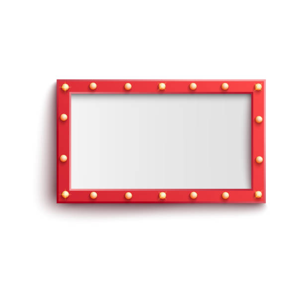 Vector light bulb red vintage retro frame Vector light bulb red vintage frame. Retro casino, nighclub signage, cinema mirror decoration. Glowing lamps bright banner background. Empty signboard for festival, circus decor. Isolated illustration theatre mirror stock illustrations