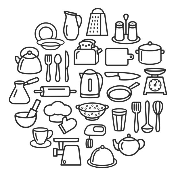 Cooking set kitchenware line icons in circle Cooking set in circle template of modern thin line icons home tableware, household and kitchen utensils for banner sugar bowl crockery stock illustrations