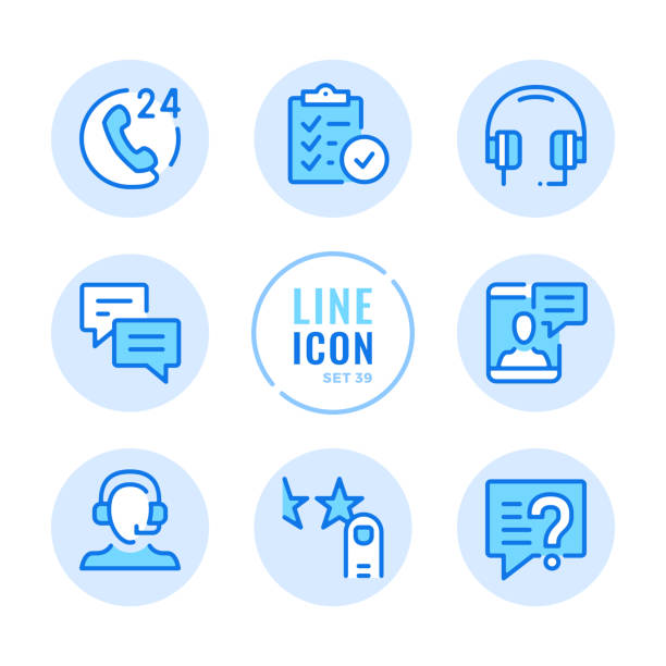 ilustraciones, imágenes clip art, dibujos animados e iconos de stock de conjunto de iconos de línea vectorial de servicio al cliente. contacte con soporte al cliente, chat en línea, ayuda, símbolos de contorno de asistencia al usuario. lineal, estilo de línea delgada. modernos elementos gráficos de contorno de trazo simpl - botón de llamada