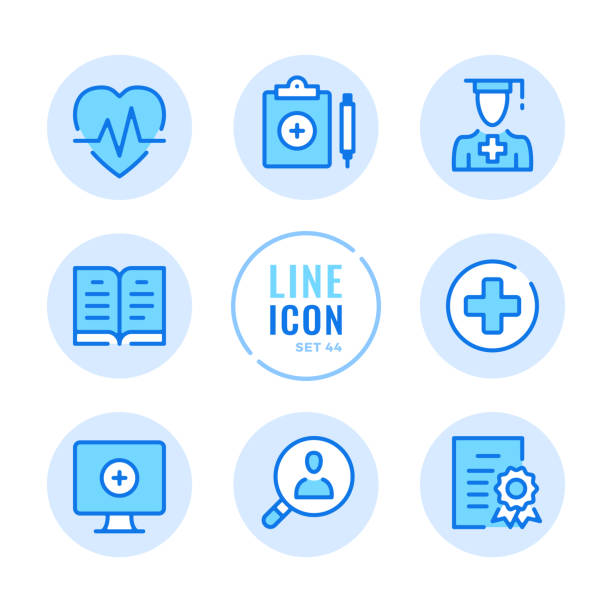 ilustrações de stock, clip art, desenhos animados e ícones de medical education vector line icons set. medical school, college, healthcare education and training, internship outline symbols. linear, thin line style. modern simple stroke outline graphic elements for web design, websites, mobile app. round icons - medical student healthcare and medicine book education