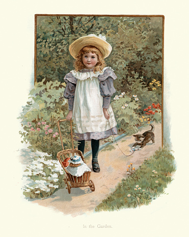 Vintage engraving of Little girl playing with her doll and kitten in the garden, Victorian, 19th Century