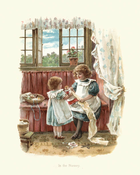 Vintage engraving of Two little victorian girls playing with dolls in the nursery, 19th Century