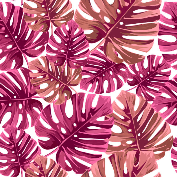 istock Summer background. Tropical palm leaves, jungle leaves seamless vector pink and red floral pattern. 1154799799