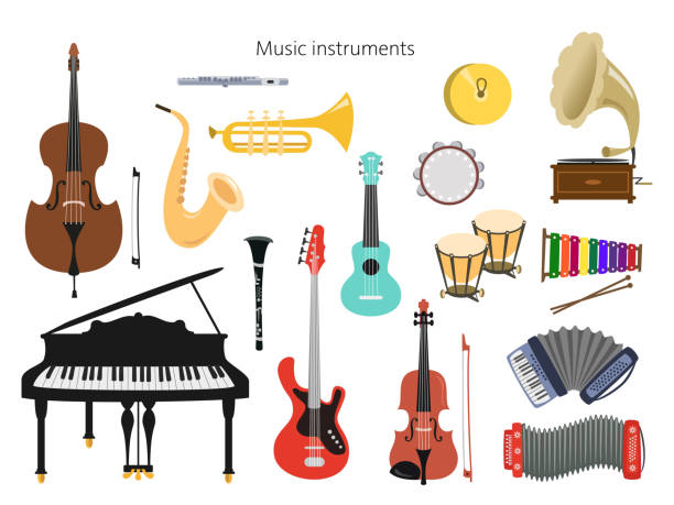 ilustraciones, imágenes clip art, dibujos animados e iconos de stock de conjunto de instrumentos musicales sobre el fondo blanco. - bass guitar