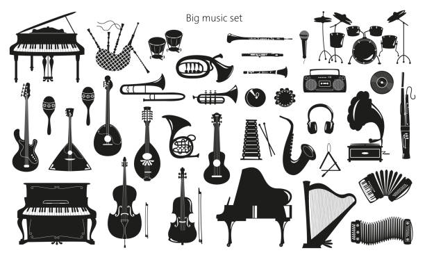 illustrazioni stock, clip art, cartoni animati e icone di tendenza di set di strumenti musicali sullo sfondo bianco. - violin family