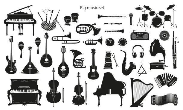 Vector illustration of Set of musical instruments on the white background.