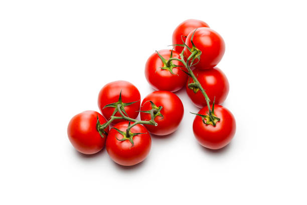 tomates cherry aislados sobre fondo blanco - tomate cereza fotografías e imágenes de stock