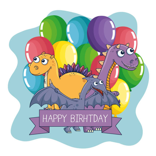 istock pterosaur with stegosaurus and carnotaurus with balloons and ribbon 1154803785
