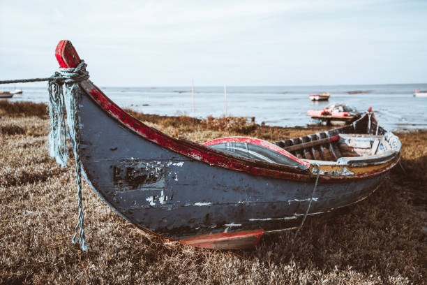 강변에 있는 목조 보트 - rowboat nautical vessel stern wood 뉴스 사진 이미지