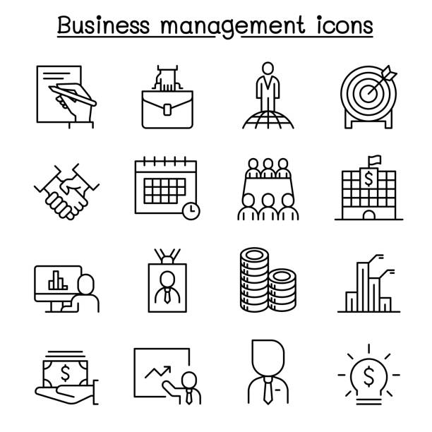 ilustrações, clipart, desenhos animados e ícones de ícone da gestão empresarial ajustado no estilo fino da linha - scrutiny analyzing finance data