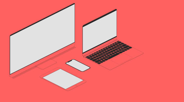 istock Electronic technology in isometry with one red color. Monitor laptop smartphone and tablet with white screen on the table. Mockup template for web sites and landing pages. Flat vector illustration 1154815859