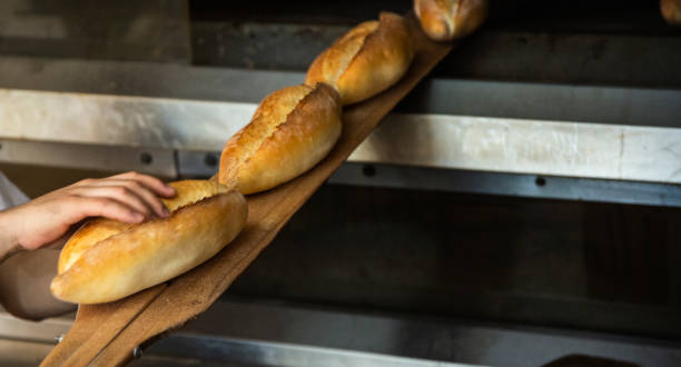 turkish breads at the exit from the oven after cooking - craft traditional culture horizontal photography imagens e fotografias de stock