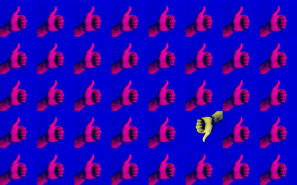 Differentiation or Effect result concepts with hand showing thumb up presents like and dislike,positive or negative sign on blue background.Business communication marketing
