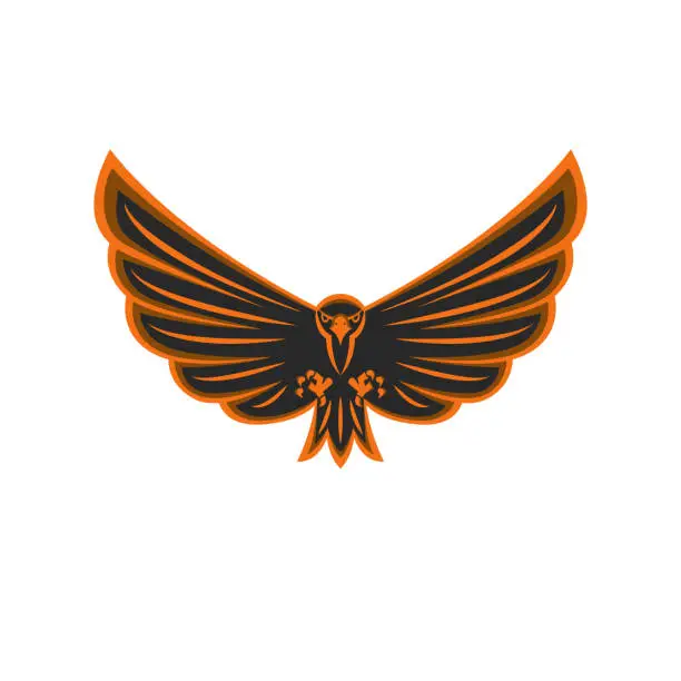 Vector illustration of Talisman flying eagle logo bird of prey with widely spread wings and aggressive gaze, black and orange emblem print of a hawk