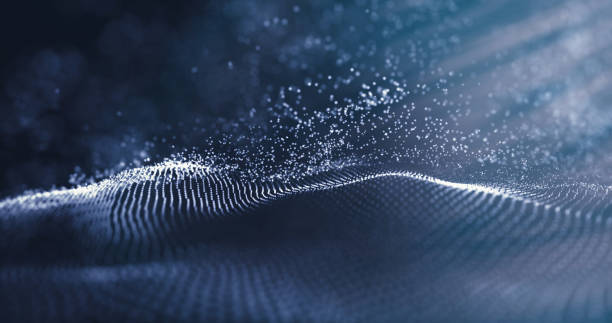 istock Data technology abstract futuristic illustration. Low poly shape with connecting dots on dark background. 3D rendering. Big data visualization. Wave of particles. Futuristic blue dots background 1154821151