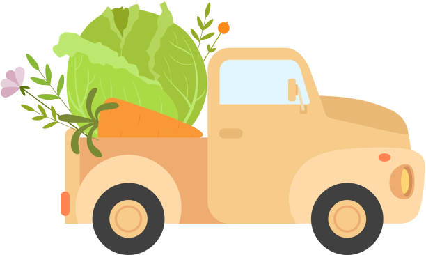 istock Cute Truck Delivering Fresh Cabbage, Side View, Shipping of Fresh Garden Vegetables Vector Illustration 1154822627