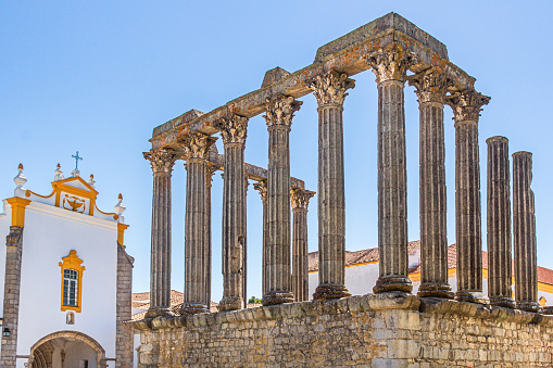 Roman Temple or Temple of Diana next to Pousada Convento dos Loios in Evora, Alentejo, Portugal