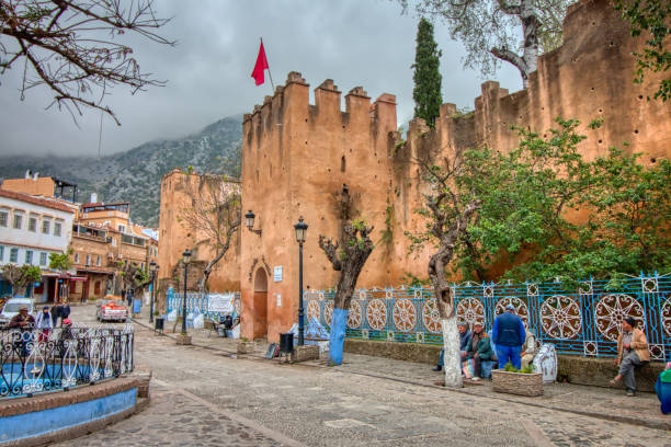 Chefchaouen, Morocco - May 4, 2019: View of the kasbah (Alcazaba) of Chefchaouen that was built in the year 1471, is located in the square called Outa El Hammam