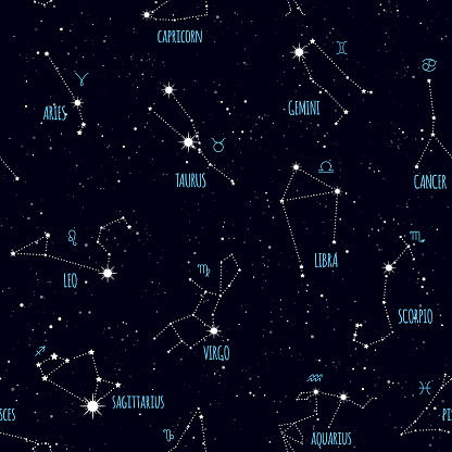 Ilustración de Patrón Sin Costuras Del Zodiaco Espacio Constelaciones De  Estrellas Símbolos Del Horóscopo Textura Para Fondos De Pantalla Tela  Envoltura Fondos De Página Web Ilustración Vectorial y más Vectores Libres  de