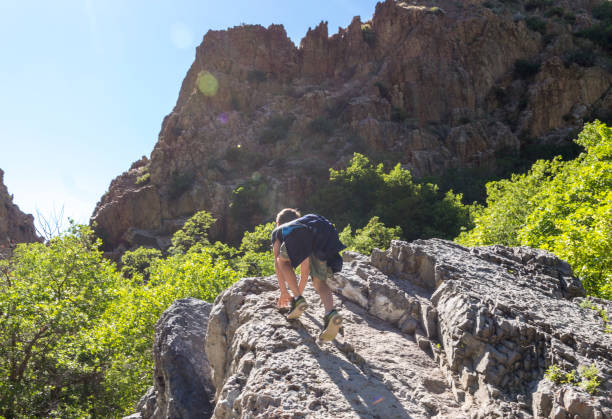 istock Boy Climbing a Rock During a Hike in a Mountain Canyon 1154827045