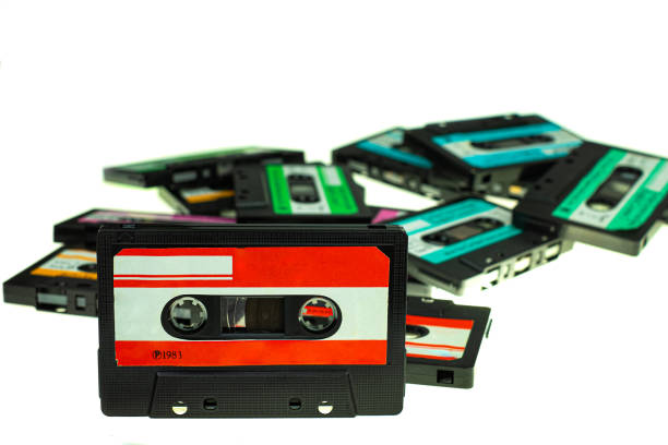 istock Stack vintage compact cassette tape, Close up set of old audio tapes 1154830842