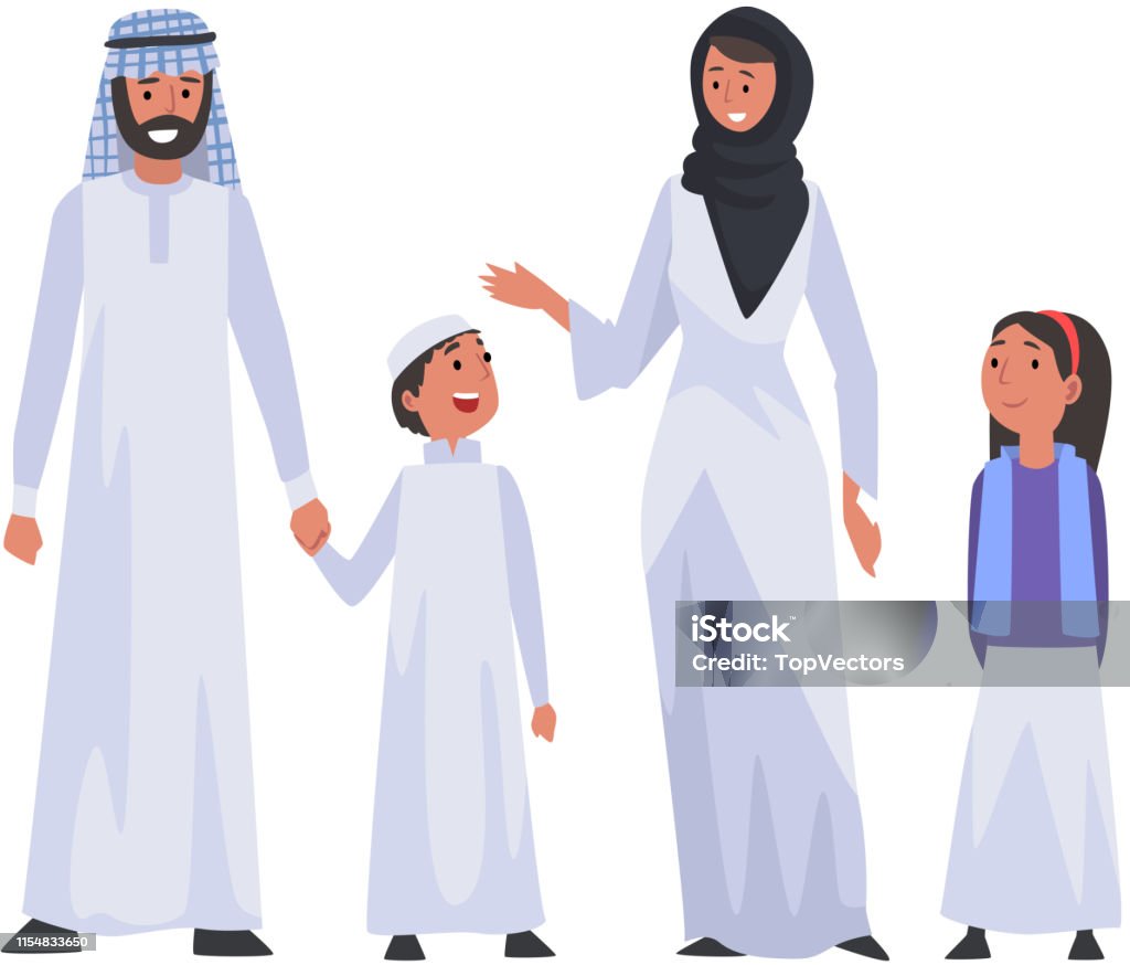 Famille arabe heureuse dans les vêtements nationaux, parents musulmans et deux enfants vecteur illustration - clipart vectoriel de Arabie Saoudite libre de droits