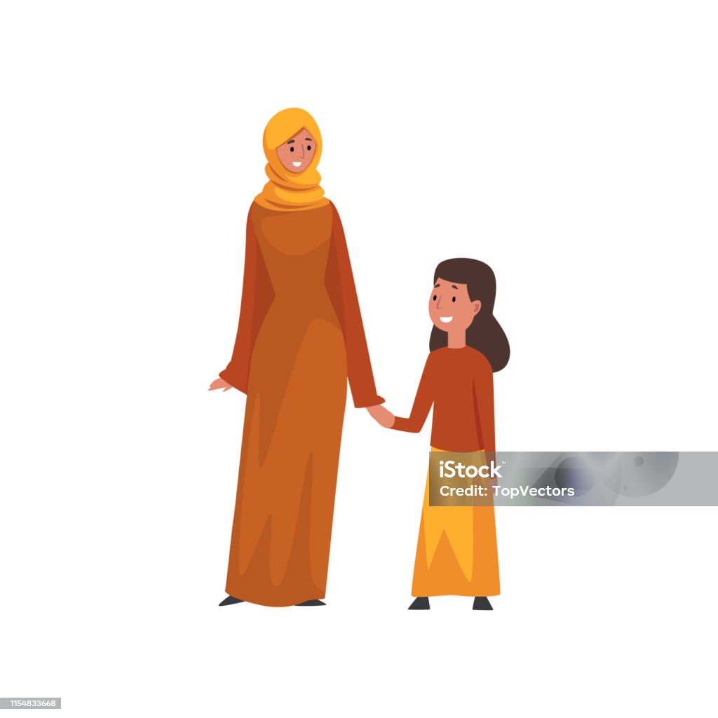 Mère de sourire retenant sa petite fille, la famille arabe musulmane en vêtements traditionnels vecteur illustration - clipart vectoriel de Femmes libre de droits