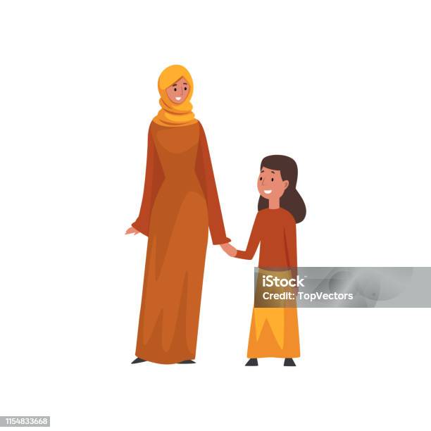 Mère De Sourire Retenant Sa Petite Fille La Famille Arabe Musulmane En Vêtements Traditionnels Vecteur Illustration Vecteurs libres de droits et plus d'images vectorielles de Femmes