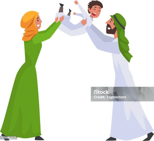 Happy Arab Family In Traditional Clothes Muslim Parents Having Fun With Their Son Vector Illustration Stock Illustration - Download Image Now